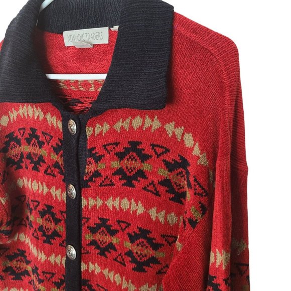 Nomadic Traders Womens L Red Black Southwestern Button Front Cardigan Sweater - Picture 5 of 7